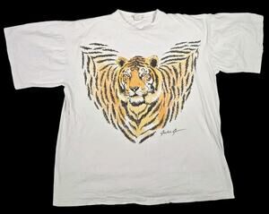 90s Jackie Jo Tiger Art Print T-Shirt White Streetwear Nature Animal Adult XL